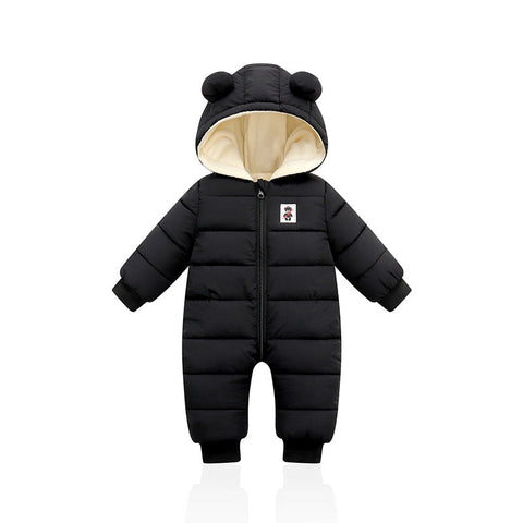 Black Little One Hooded Padded Snowsuit Fleece Lined Winter Romper Outerwear Suitable Height 73Cm Kids Outerwear