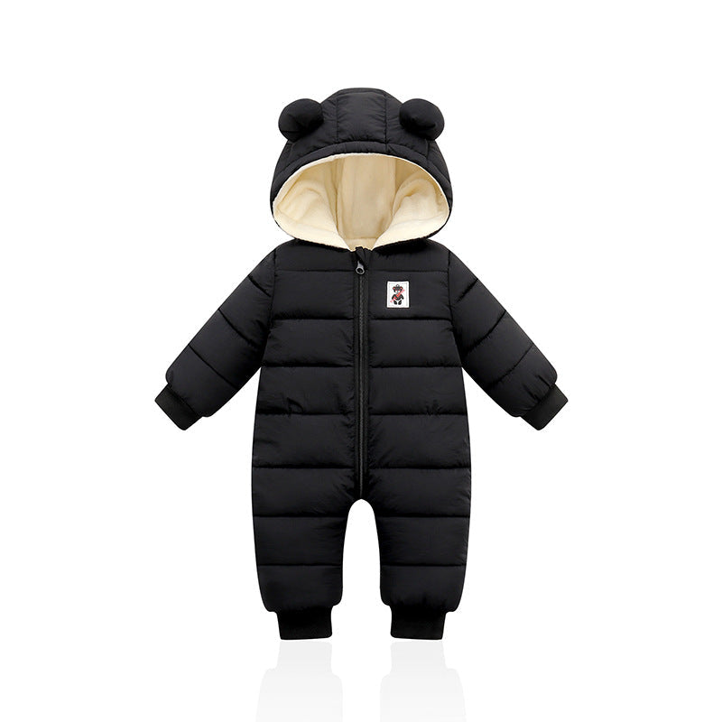 Black Little One Hooded Padded Snowsuit Fleece Lined Winter Romper Outerwear Suitable Height 90Cm Kids Outerwear