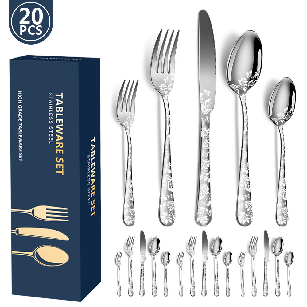 Silver Elegant 20 Piece Stainless Steel Cutlery Set With Floral Design Steak Knives Forks Spoons Dinner Sets