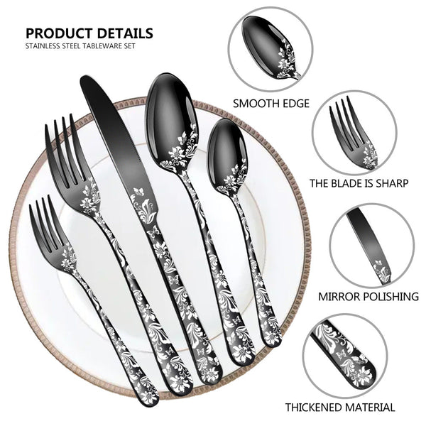 Silver Elegant 20 Piece Stainless Steel Cutlery Set With Floral Design Steak Knives Forks Spoons Dinner Sets