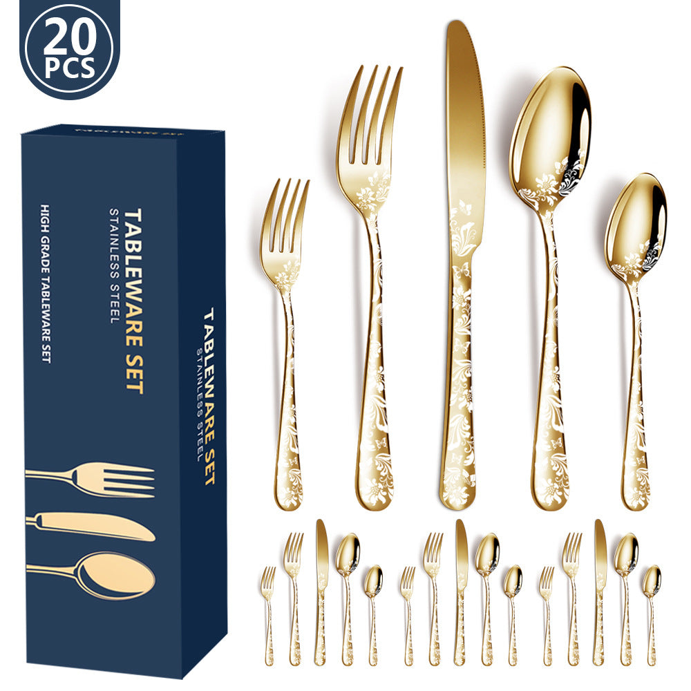 Gold Elegant 20 Piece Stainless Steel Cutlery Set With Floral Design Dinner & Steak Knives Forks Spoons Dinner Sets