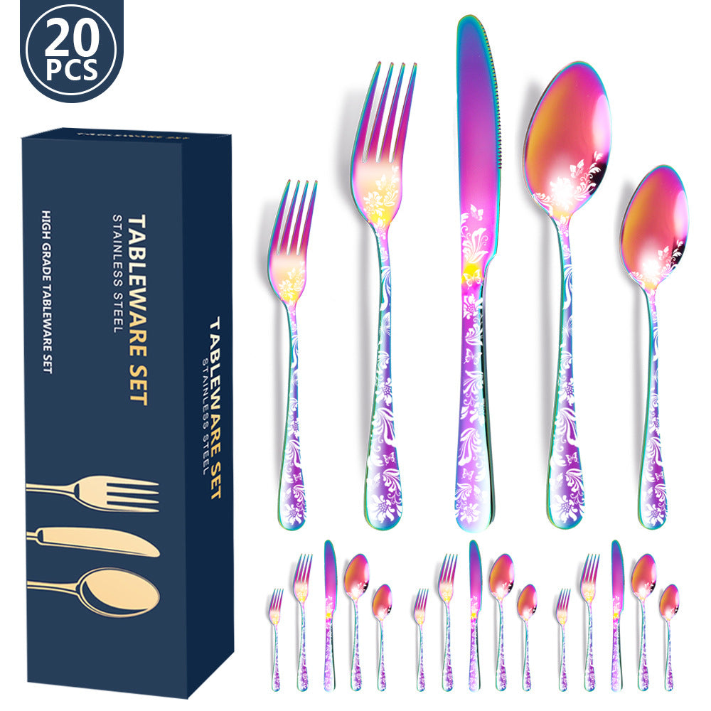 Multicolor Elegant 20 Piece Stainless Steel Cutlery Set With Floral Design Dinner & Steak Knives Forks Spoons Dinner Sets