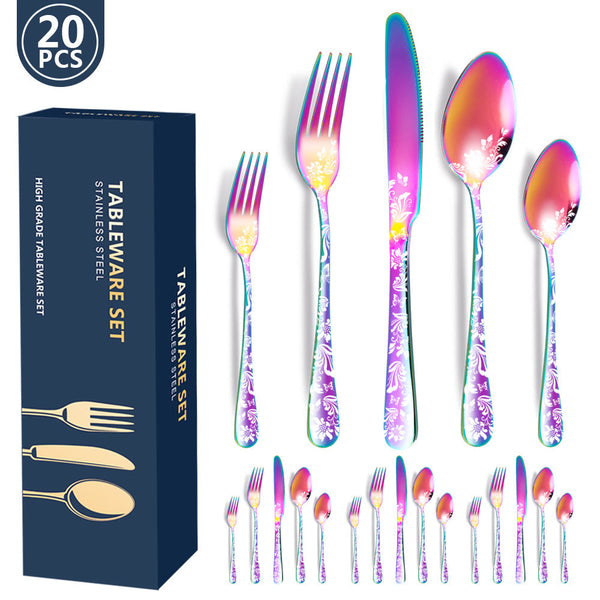Multicolor Elegant 20 Piece Stainless Steel Cutlery Set With Floral Design Dinner & Steak Knives Forks Spoons Dinner Sets
