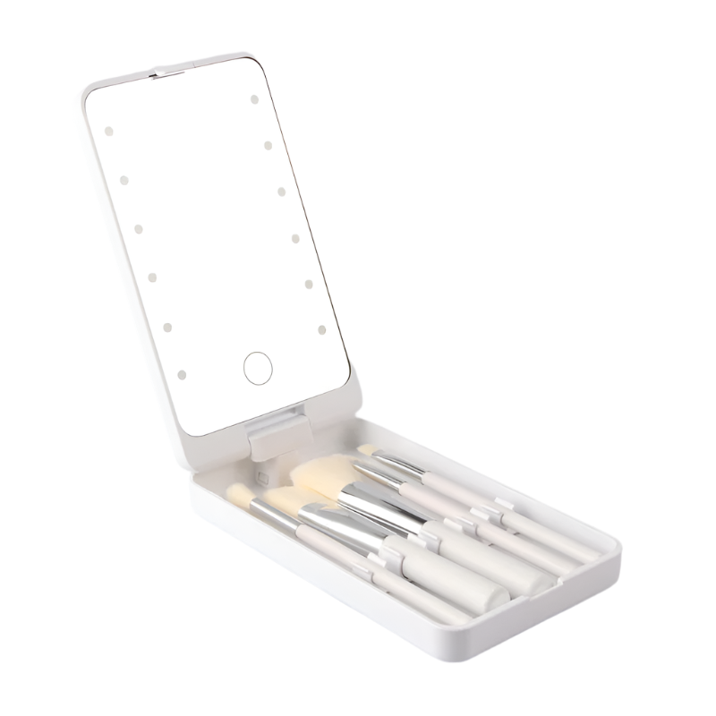 White Led Lighted Makeup Mirror With 5 Piece Cosmetic Brush Set And Dustproof Storage Case Makeup Mirrors