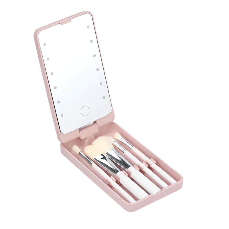 Pink Led Lighted Makeup Mirror With 5 Piece Cosmetic Brush Set And Dustproof Storage Case Makeup Mirrors