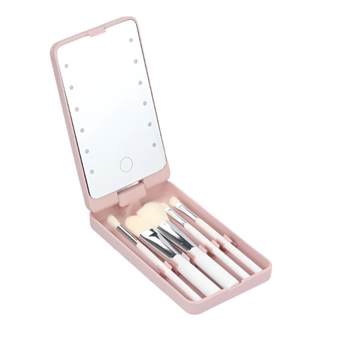 Pink Led Lighted Makeup Mirror With 5 Piece Cosmetic Brush Set And Dustproof Storage Case Makeup Mirrors