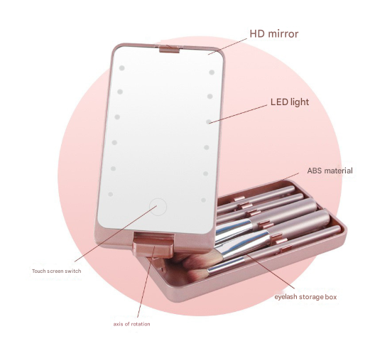 Pink Led Lighted Makeup Mirror With 5 Piece Cosmetic Brush Set And Dustproof Storage Case Makeup Mirrors