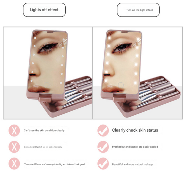 Pink Led Lighted Makeup Mirror With 5 Piece Cosmetic Brush Set And Dustproof Storage Case Makeup Mirrors