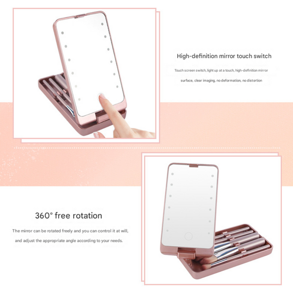Pink Led Lighted Makeup Mirror With 5 Piece Cosmetic Brush Set And Dustproof Storage Case Makeup Mirrors