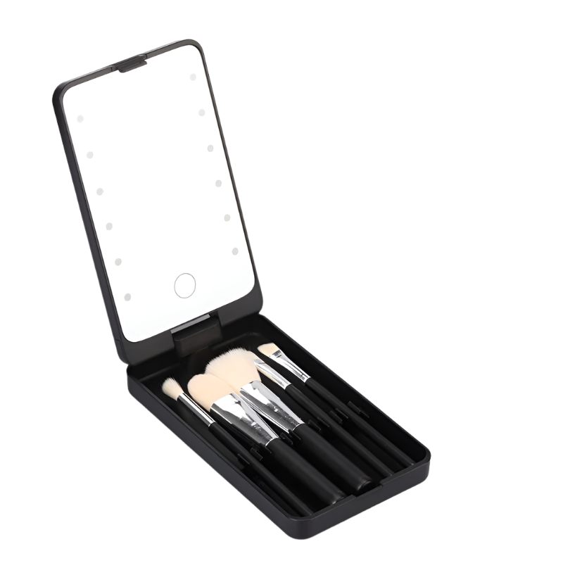 Black Led Lighted Makeup Mirror With 5 Piece Cosmetic Brush Set And Dustproof Storage Case Makeup Mirrors