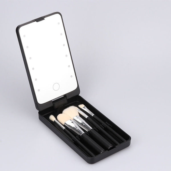 Black Led Lighted Makeup Mirror With 5 Piece Cosmetic Brush Set And Dustproof Storage Case Makeup Mirrors