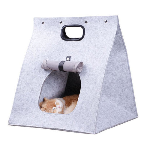 Grey Cozy A Frame Felt Pet Teepee Foldable & Portable Cat Cave Bed With Easy Carry Handle Pet Transport
