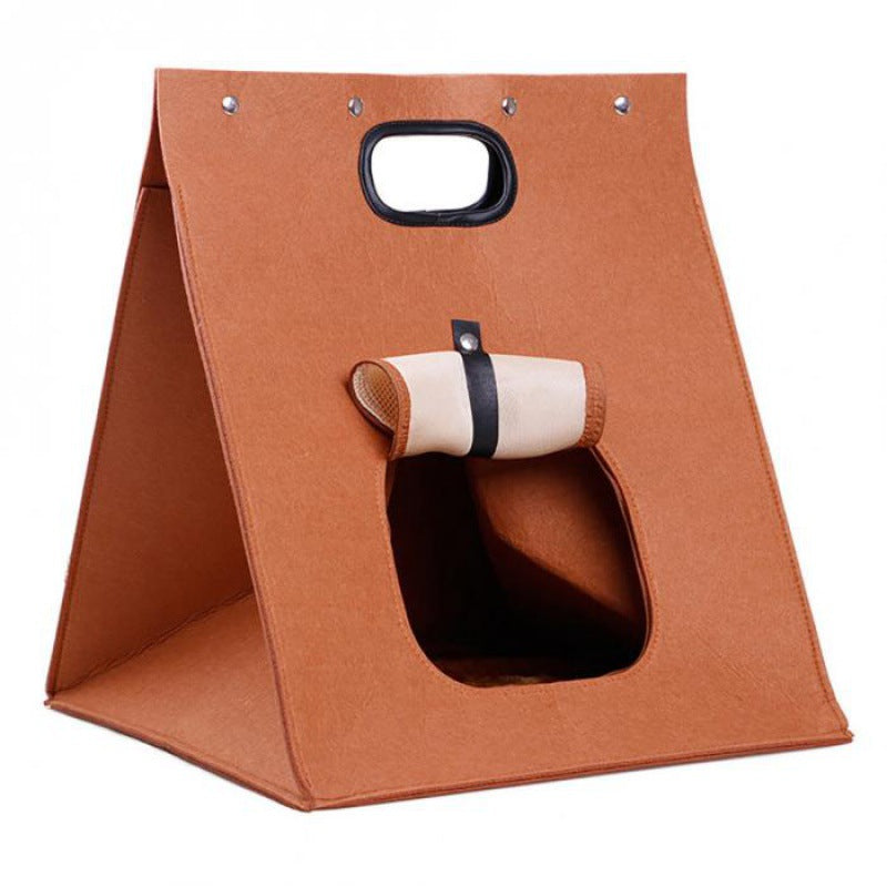 Brown Cozy A Frame Felt Pet Teepee Foldable & Portable Cat Cave Bed With Easy Carry Handle Pet Transport