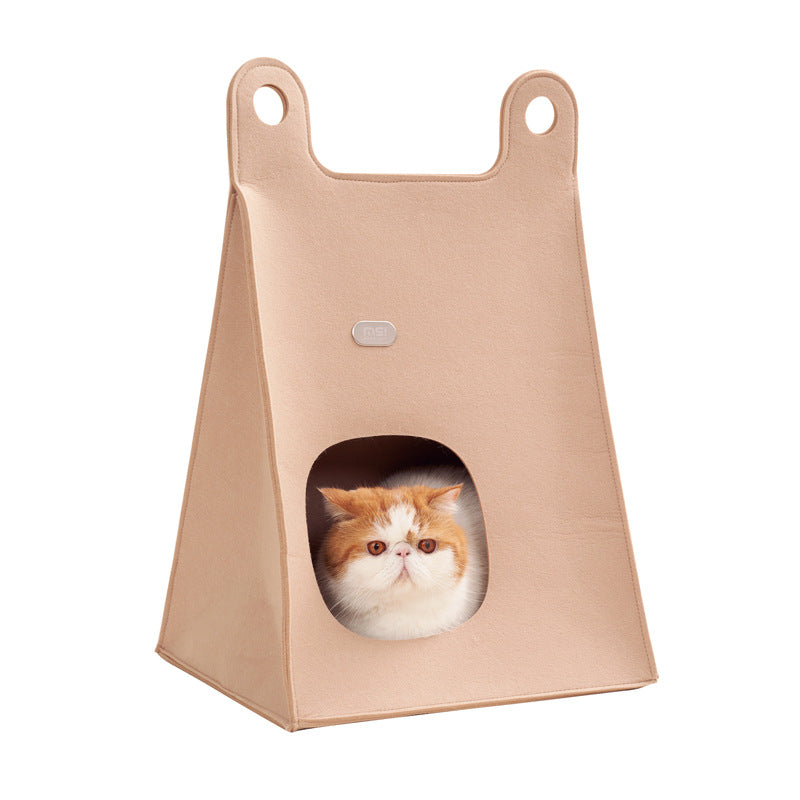Khaki Cozy A Frame Felt Pet Teepee Foldable Portable Cat Cave Bed With Easy Carry Handle Pet Transport