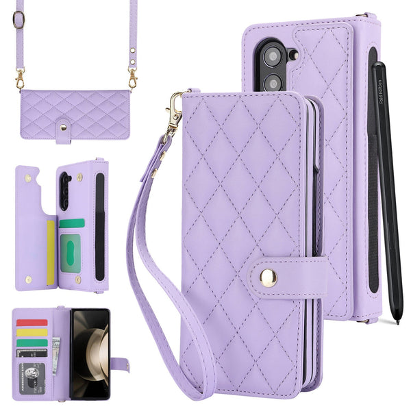 Purple Galaxy Z Fold4 Multi Functional Leather Wallet Case Crossbody Quilted Design Pen Slot Other Mobile Accessories