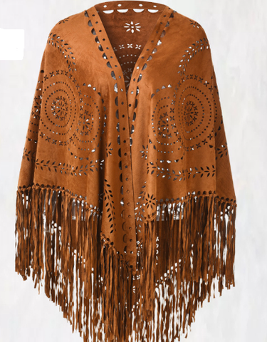 Brown Suede Wheat Tassel Triangle Scarf Autumn Warm Shawl For Women Hollow Out Fringe Design Scarves & Wraps