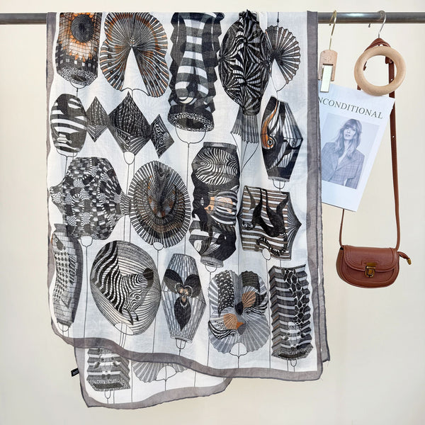 2 Piece Gray Border Retro Lantern Print Scarf Fashionable Niche Design For Women Scarves & Wraps