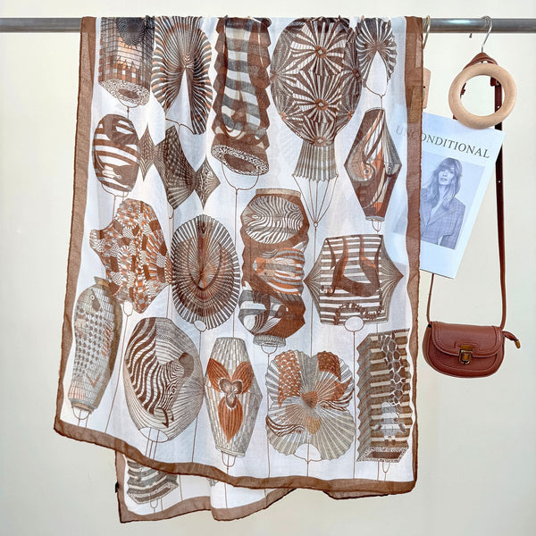 2 Piece Brown Border Retro Lantern Print Scarf Fashionable Niche Design For Women Scarves & Wraps