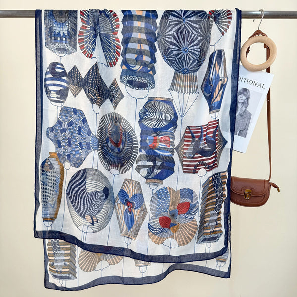 2 Piece Blue Border Retro Lantern Print Scarf Fashionable Niche Design For Women Scarves & Wraps