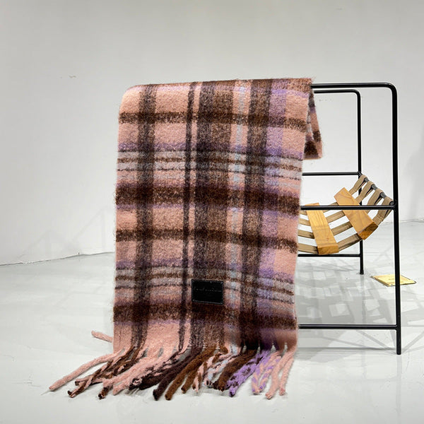 Purple Pink Plaid Color Block Women's Scarf Autumn Winter Thick Warm Neck Wrap With Tassels Scarves & Wraps