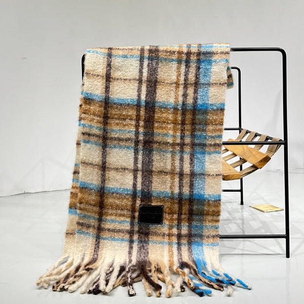 Yellow Blue Plaid Color Block Women's Scarf Autumn/Winter Thick Warm Neck Wrap With Tassels Scarves & Wraps