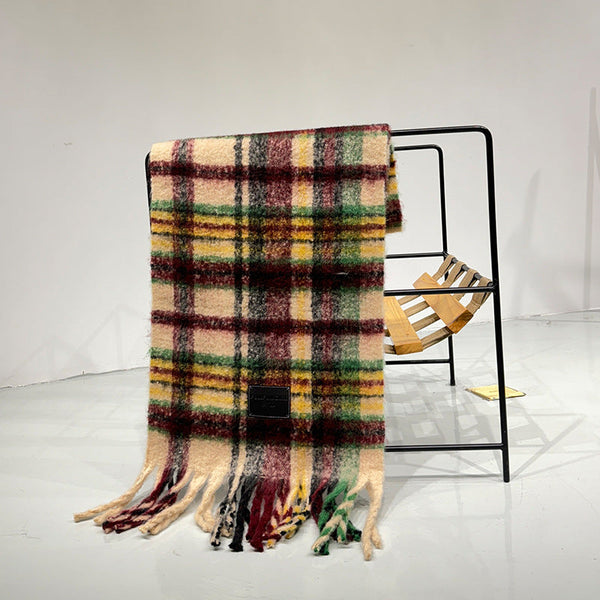 Red Yellow Plaid Color Block Womens Scarf Autumn Winter Thick Warm Neck Wrap With Tassels 44X200cm Scarves & Wraps