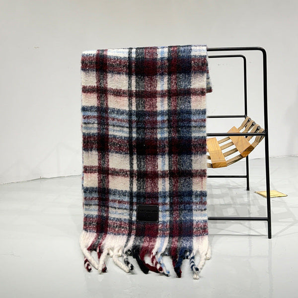 Red Blue Plaid Color Block Womens Scarf Autumn Winter Thick Warm Neck Wrap With Tassels Scarves & Wraps