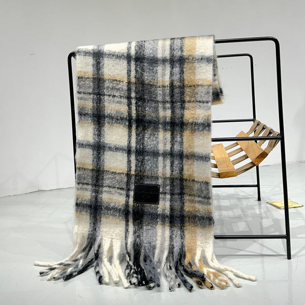 Grey White Plaid Color Block Women's Scarf Autumn/Winter Thick Warm Neck Wrap With Tassels Scarves & Wraps