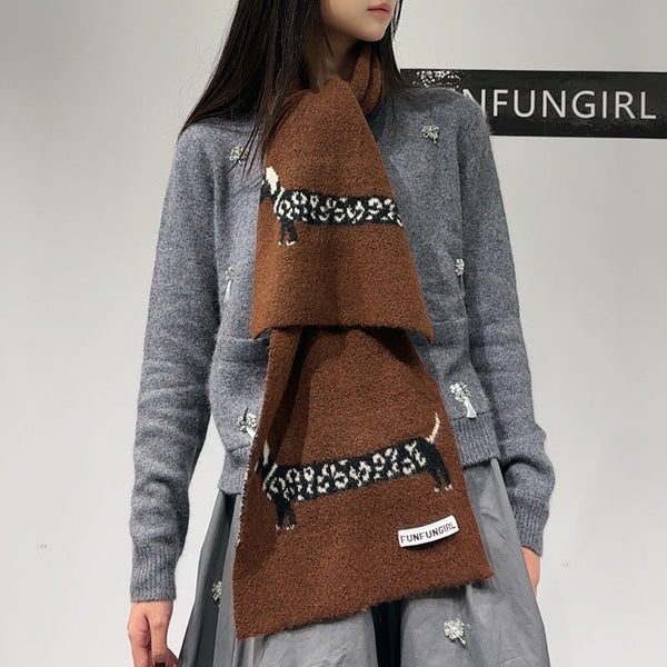 Brown Cute Korean Style Wool Scarf With Dog Design Unisex Knitted Winter Neck Wrap Scarves & Wraps