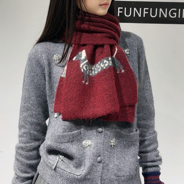 Red Cute Korean Style Wool Scarf With Dog Design Unisex Knitted Winter Neck Wrap Scarves & Wraps