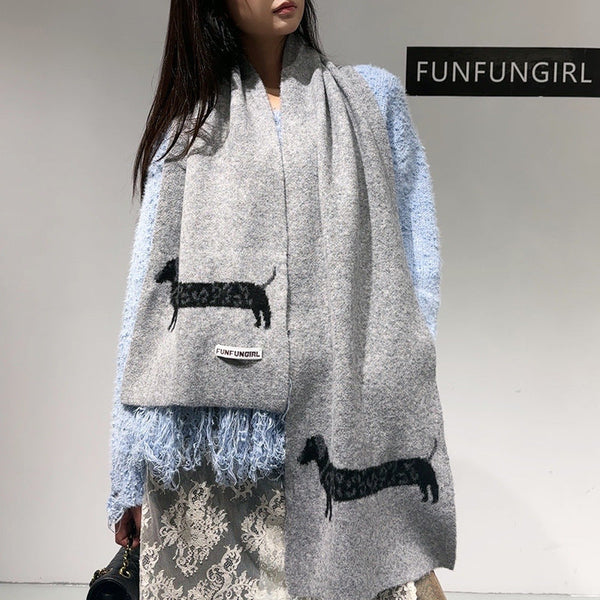 Grey Cute Korean Style Wool Scarf With Dog Design Unisex Knitted Winter Neck Wrap Scarves & Wraps