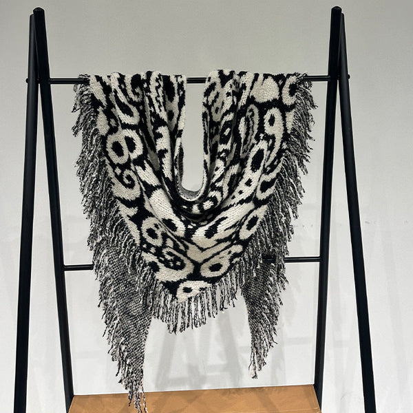 Black White Luxurious Fringe Wool And Lambswool Scarf For Women Thick Warm 60 X 170 Cm Shawl Scarves & Wraps