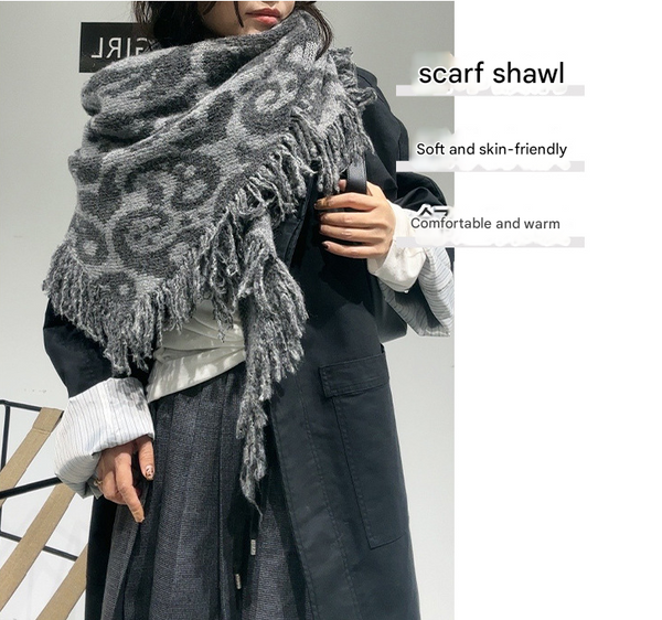 Grey Luxurious Fringe Wool And Lambswool Scarf For Women Thick Warm 60 X 170 Cm Shawl Scarves & Wraps