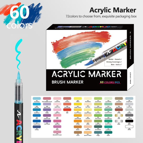 60 Colour Set Vibrant Cyan Acrylic Marker With Soft Brush Tip 13.8 Cm Professional Art Pen Art Pens & Markers