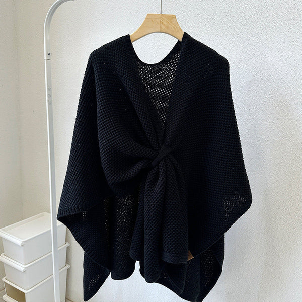 Black Luxurious Faux Cashmere Knitted Cape Large Buckled 90 X 140 Cm Women's Versatile Shawl Scarves & Wraps