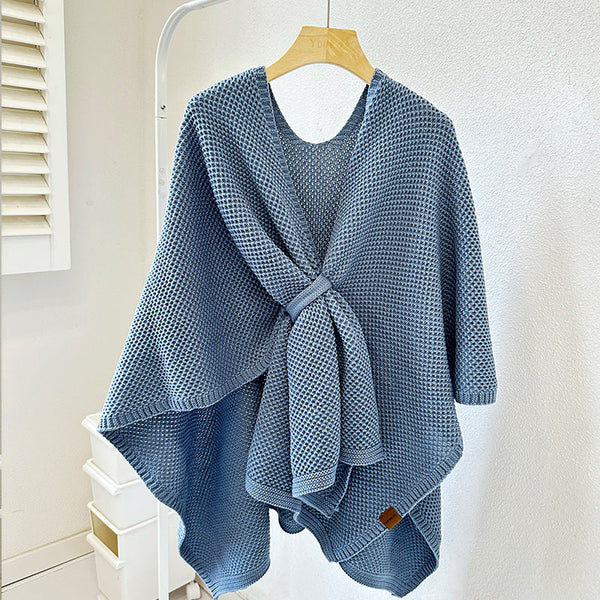 Blue Luxurious Faux Cashmere Knitted Cape Large Buckled 90 X 140 Cm Women's Versatile Shawl Scarves & Wraps