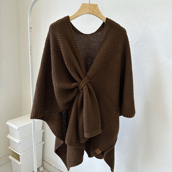 Coffee Brown Luxurious Faux Cashmere Knitted Cape Large Buckled 90 X 140 Cm Women's Versatile Shawl Scarves & Wraps