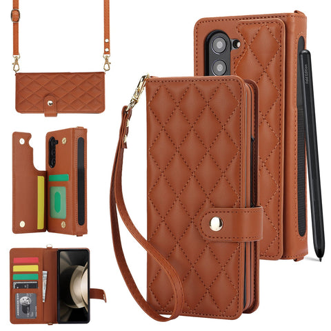 Brown Galaxy Z Fold4 Multi Functional Leather Wallet Case For Samsung Series Crossbody With Pen Slot Quilted Design Not Included Cases Covers & Skins