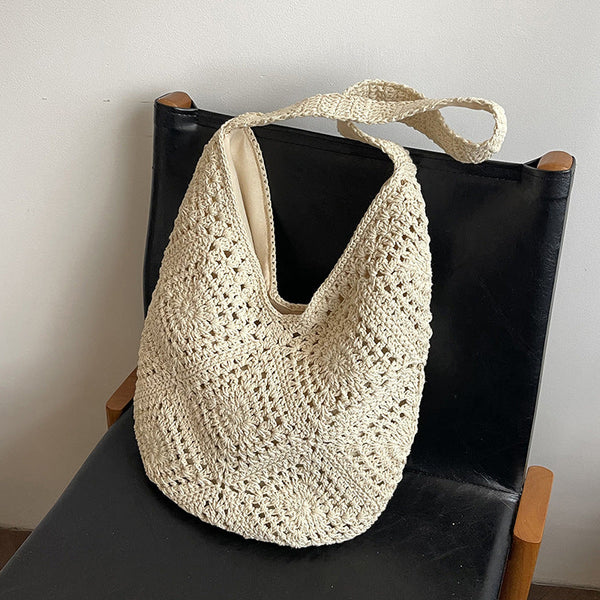 Beige Flower Patterned Cotton Crochet Tote Bag Beach And Commute Essential Women's Bags & Handbags