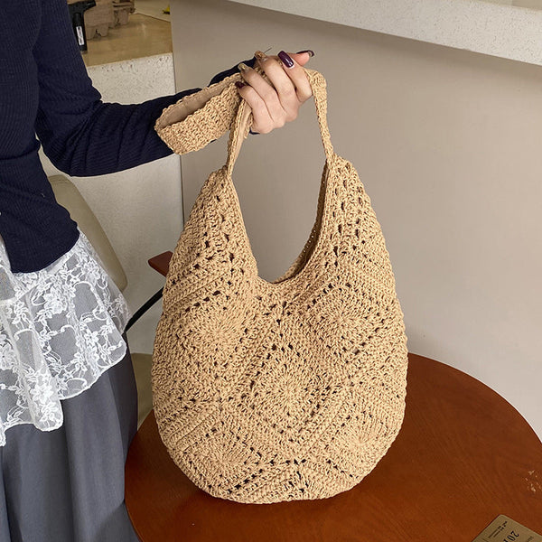 Khaki Flower Patterned Cotton Crochet Tote Bag Beach And Commute Essential Women's Bags & Handbags