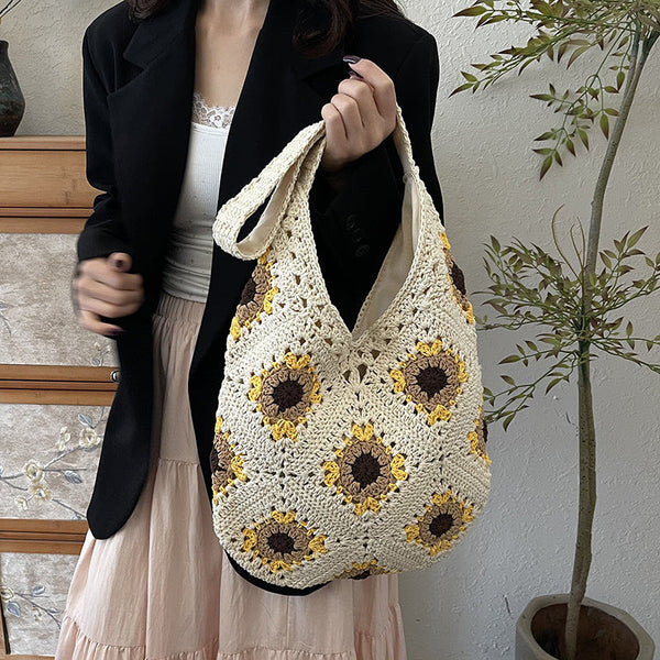 Yellow Sun Flower Patterned Cotton Crochet Tote Bag Beach And Commute Essential Women's Bags & Handbags