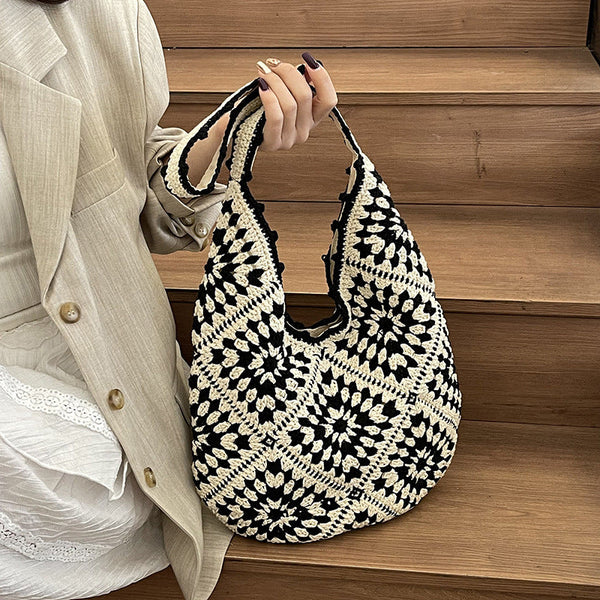 Black White Flower Patterned Cotton Crochet Tote Bag Beach And Commute Essential Women's Bags & Handbags