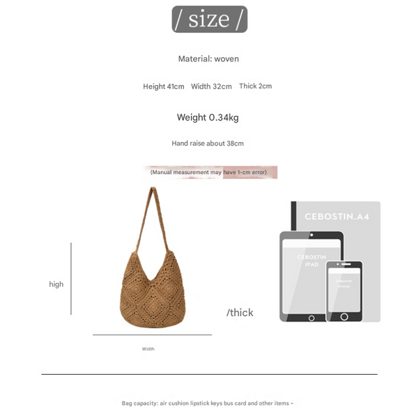 Black White Flower Patterned Cotton Crochet Tote Bag Beach And Commute Essential Women's Bags & Handbags