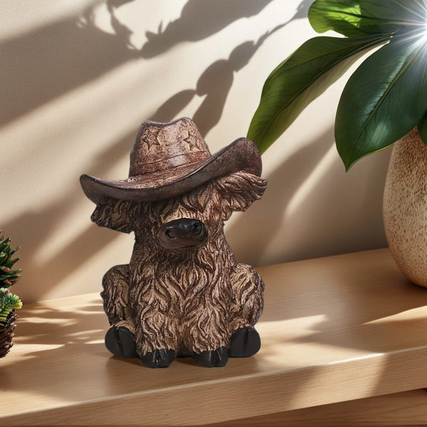 Highland Cow With Cowboy Hat Resin Statue Rustic Farmhouse Garden Decor Ornaments & Statues