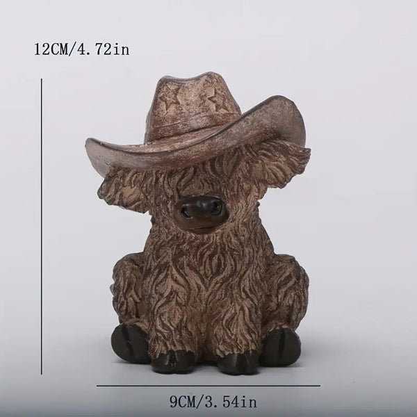 Highland Cow With Cowboy Hat Resin Statue Rustic Farmhouse Garden Decor Ornaments & Statues