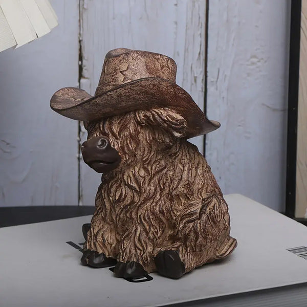 Highland Cow With Cowboy Hat Resin Statue Rustic Farmhouse Garden Decor Ornaments & Statues