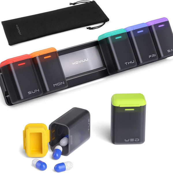 Elosung Black + Multicolor Cover Weekly Pill Organizer Time A Day Large Capacity Magnetic Closure Box (246 X 49 23 Mm) Pill Boxes