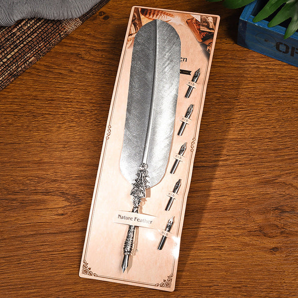 Vulcan Silver European Dip Feather Quill Pen Set 2 Piece Retro Business Gift Box With 5 Nib Sizes Pens & Writing Instruments