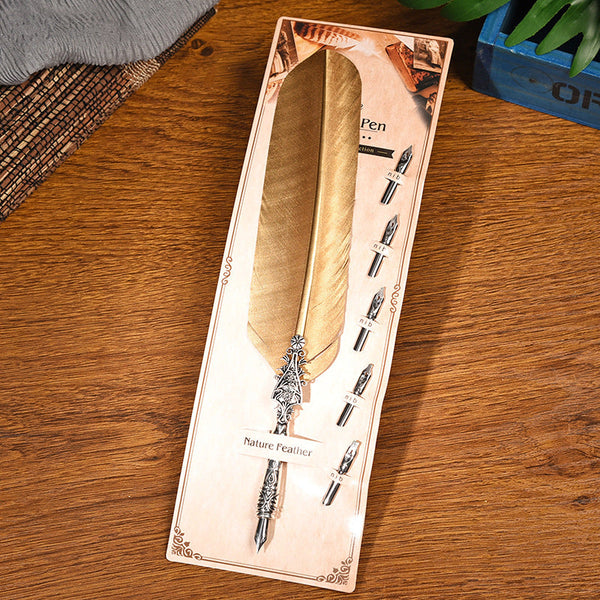 Vulcan Gold Dip Feather Quill Pen Set 2 Piece Retro Business Gift Box With 5 Nib Sizes Pens & Writing Instruments