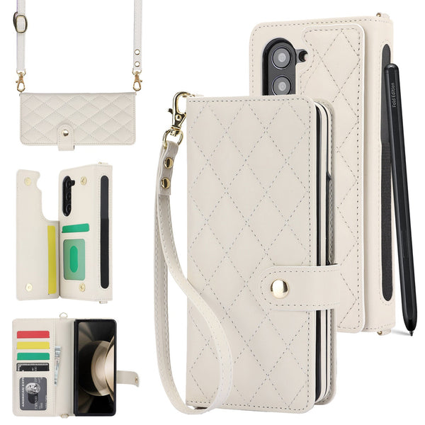 White Galaxy Z Fold5 Multi Functional Leather Wallet Case For Samsung Series Crossbody With Pen Slot Quilted Design Not Included Cases Covers & Skins